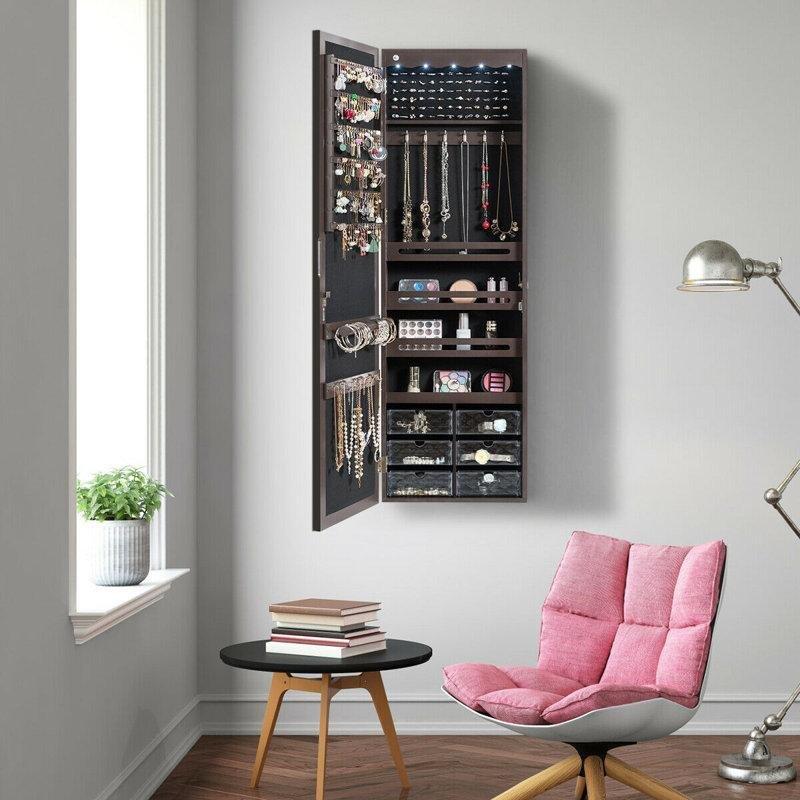 Kahverengi Ahşap Kilitli LED Işıklı Boy Aynalı Duvara Monte Takı Dolabı - 121x37 cm - 145167