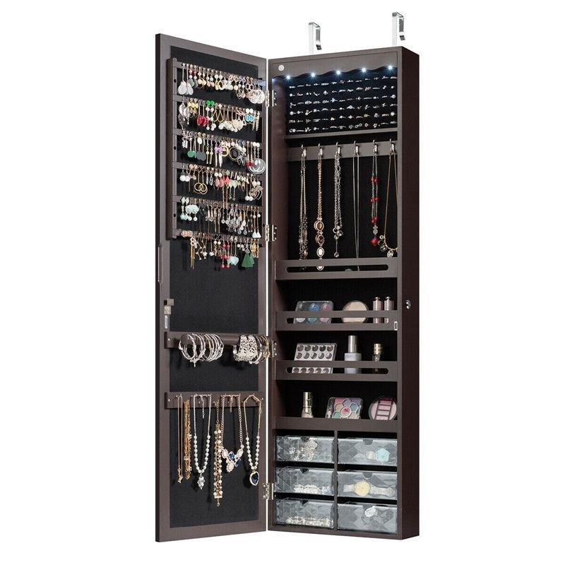 Kahverengi Ahşap Kilitli LED Işıklı Boy Aynalı Duvara Monte Takı Dolabı - 121x37 cm - 145167
