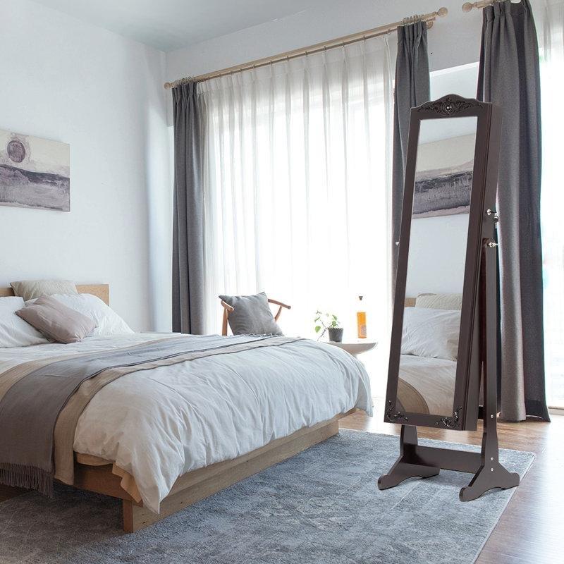 Kahverengi Ahşap LED Işıklı Kilitli Ayaklı Boy Aynalı Takı Dolabı - 145224