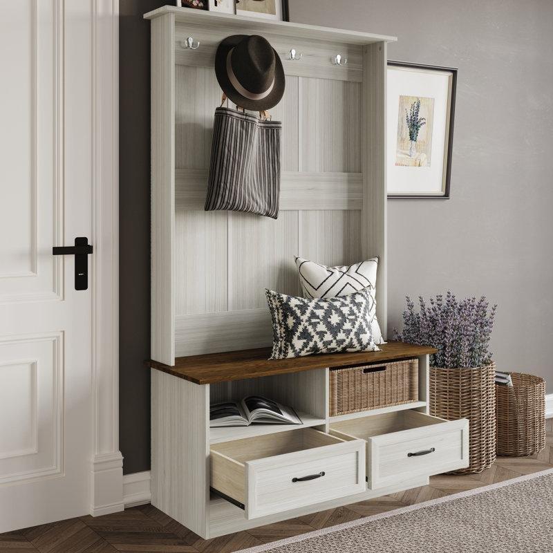 Kahverengi Ahşap Oturaklı Çekmeceli Askılı Portmanto Vestiyer - 102 cm - 159544