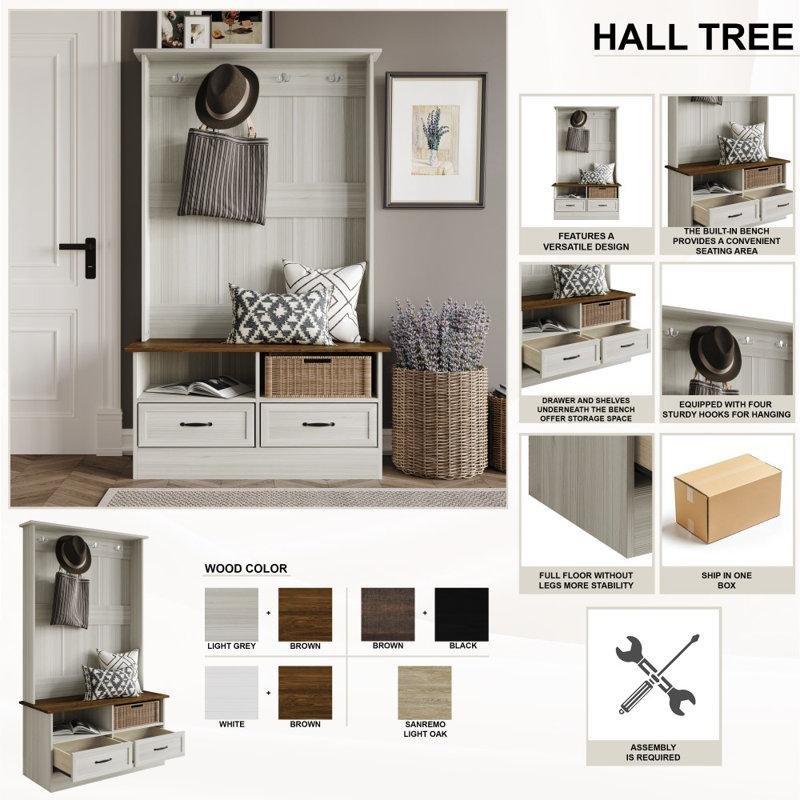 Kahverengi Ahşap Oturaklı Çekmeceli Askılı Portmanto Vestiyer - 102 cm - 159544
