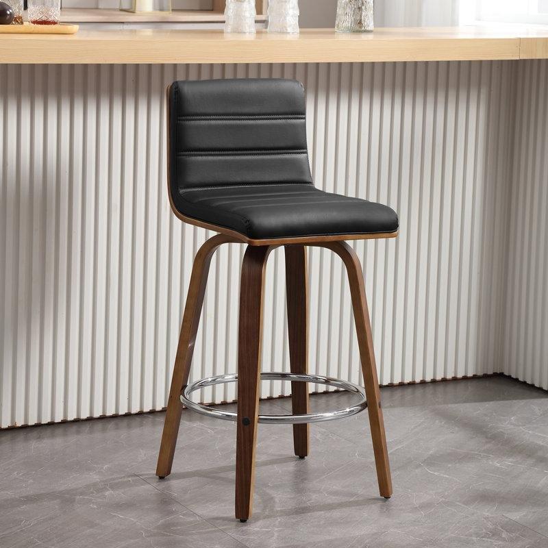 Kahverengi Ahşap Suni Deri Döner Alçak Sırtlıklı 2li Set Retro Bar Sandalyesi - 67 cm - 148467