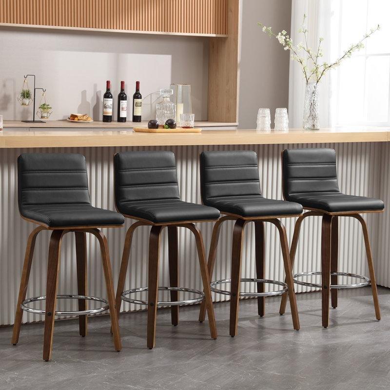 Kahverengi Ahşap Suni Deri Döner Alçak Sırtlıklı 2li Set Retro Bar Sandalyesi - 67 cm - 148467