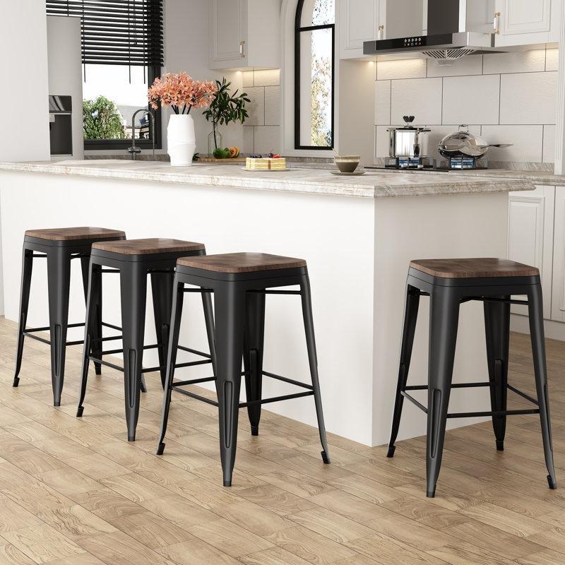 Kahverengi Ahşap ve Çelik İstiflenebilir Sırtlıksız Bar Sandalyesi 4lü Set - 61 cm - 147996