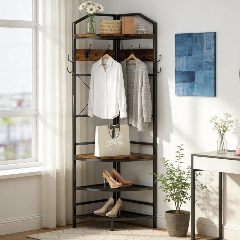 Kahverengi Ahşap ve Siyah Metal Oturaklı 6 Çift Kancalı Köşe Portmanto Vestiyer - 159418