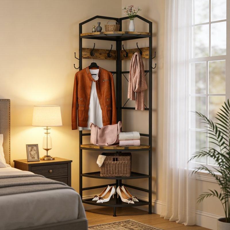 Kahverengi Ahşap ve Siyah Metal Oturaklı 6 Çift Kancalı Köşe Portmanto Vestiyer - 159418