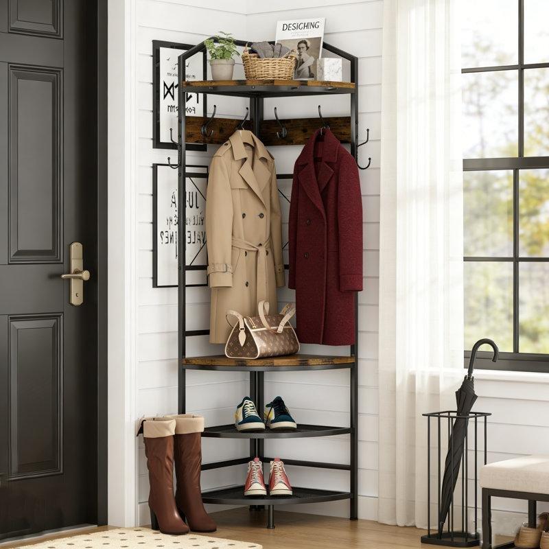 Kahverengi Ahşap ve Siyah Metal Oturaklı 6 Çift Kancalı Köşe Portmanto Vestiyer - 159418