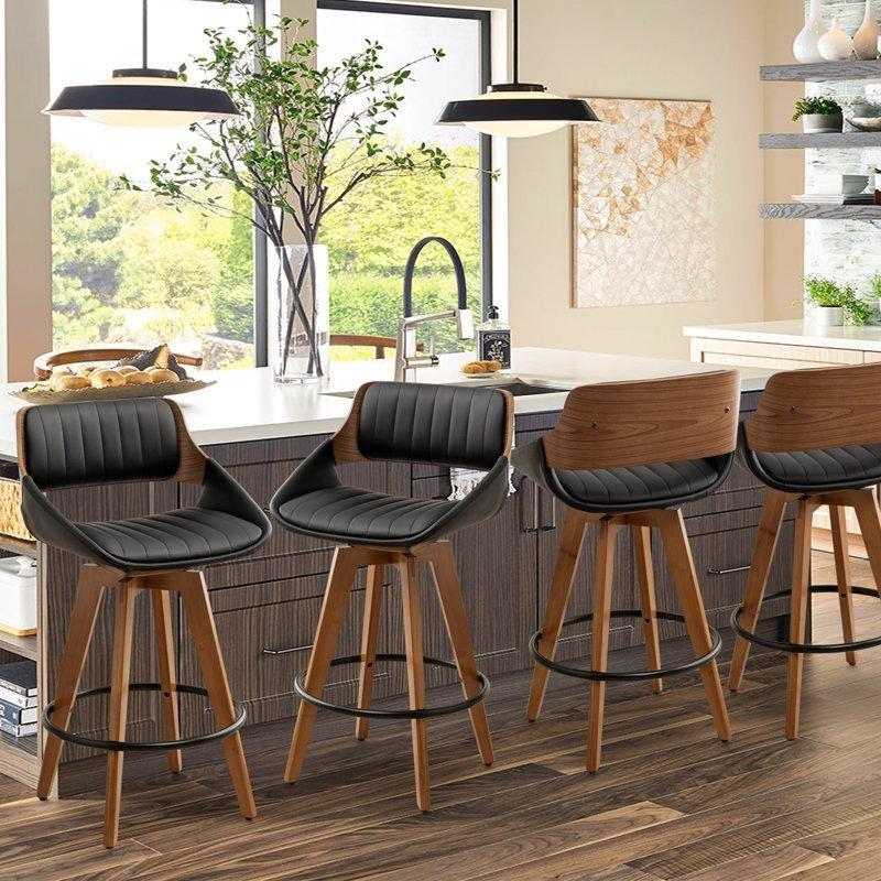Kahverengi Bambu Döner Kapitoneli Suni Deri Bar Sandalyesi 4lü Set - 147831