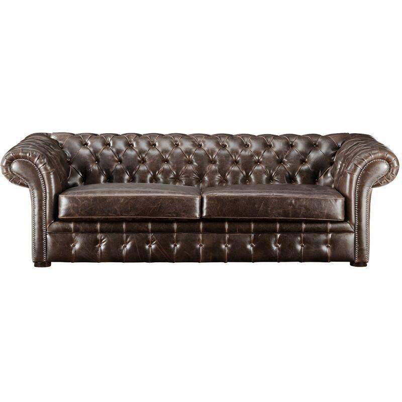 Kahverengi Deri Kapitoneli Eskitme Tasarım Chesterfield Koltuk - 232 cm - 152285