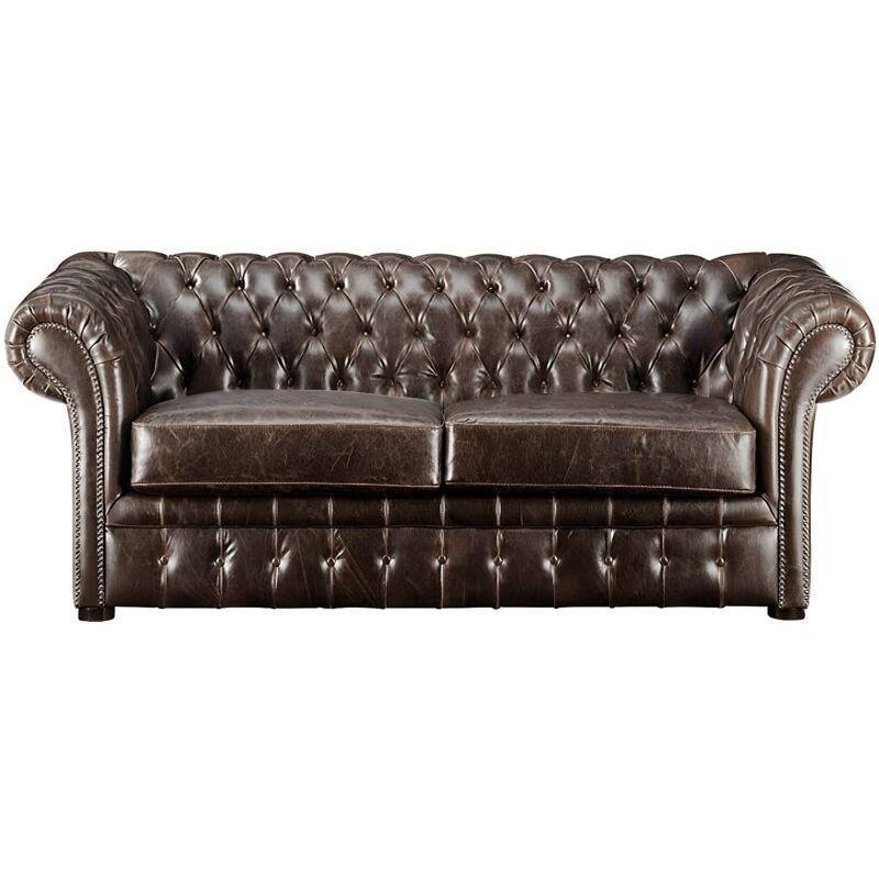 Kahverengi Deri Kapitoneli Eskitme Tasarım Chesterfield Koltuk - 232 cm - 152285