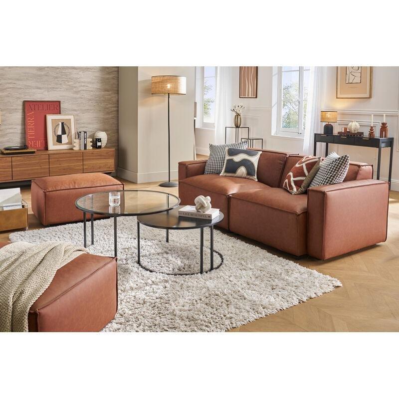 Kahverengi Deri Vintage Tasarım Modüler 3 Kişilik Koltuk - 202x101 cm - 153846