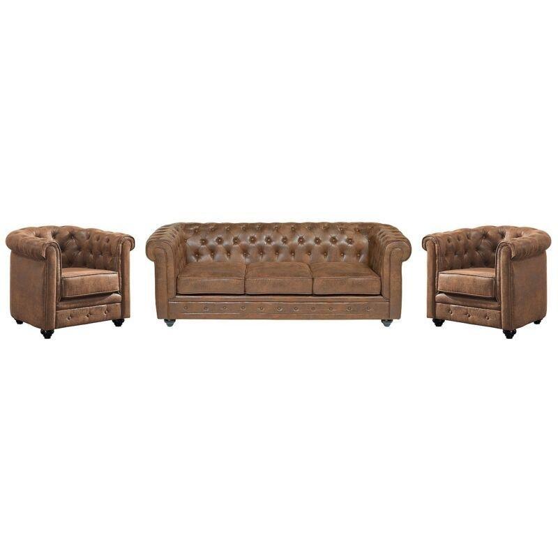 Kahverengi Eskitme Mikrofiber Kapitoneli Chesterfield Koltuk Takımı - 152257