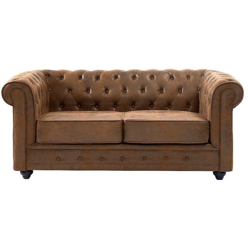 Kahverengi Eskitme Mikrofiber Kapitoneli Masif Ahşap Ayaklı Chesterfield İkili Koltuk - 168 cm - 152215