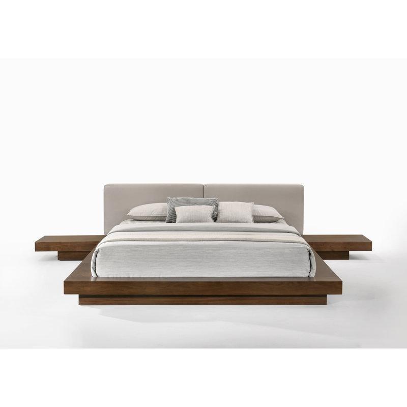 Kahverengi Gri Masif ve Endüstriyel Ahşap Suni Deri Başlıklı Dahili Komodinli Platform Karyola - 348x234 cm - 142570