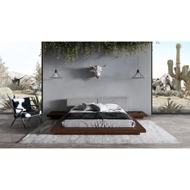 Kahverengi Gri Masif ve Endüstriyel Ahşap Suni Deri Başlıklı Dahili Komodinli Platform Karyola - 348x234 cm - 142570