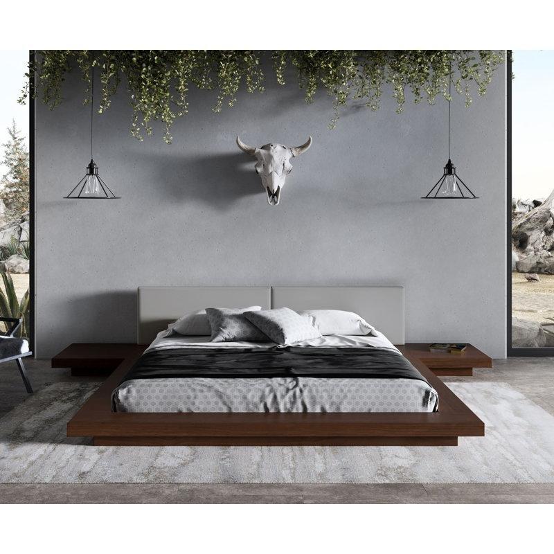 Kahverengi Gri Masif ve Endüstriyel Ahşap Suni Deri Başlıklı Dahili Komodinli Platform Karyola - 348x234 cm - 142570