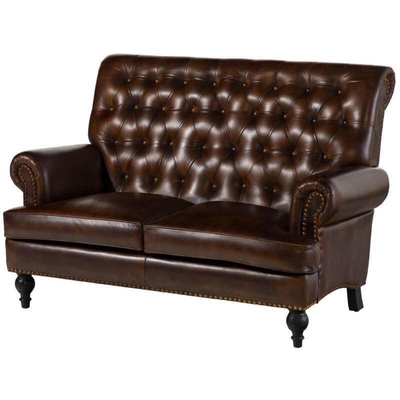 Kahverengi Hakiki Deri Chesterfield İki Kişilik Koltuk - 140 cm - 154169