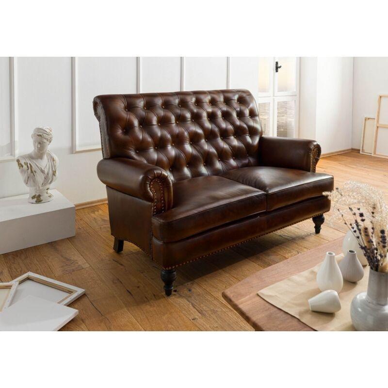 Kahverengi Hakiki Deri Chesterfield İki Kişilik Koltuk - 140 cm - 154169