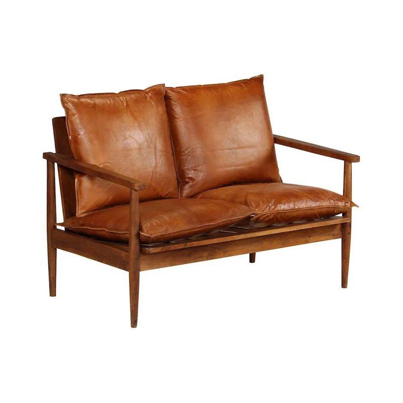 Kahverengi Hakiki Deri ve Akasya Ahşap İki Kişilik Koltuk - 116x69x74 cm - 155437