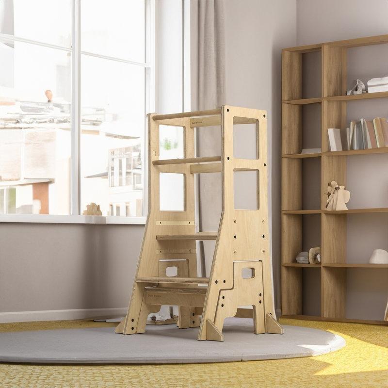 Kahverengi Kontrplak 3 Kademeli Ayarlanabilir Güvenlikli Öğrenme Kulesi - 90x43x43 cm - 162964