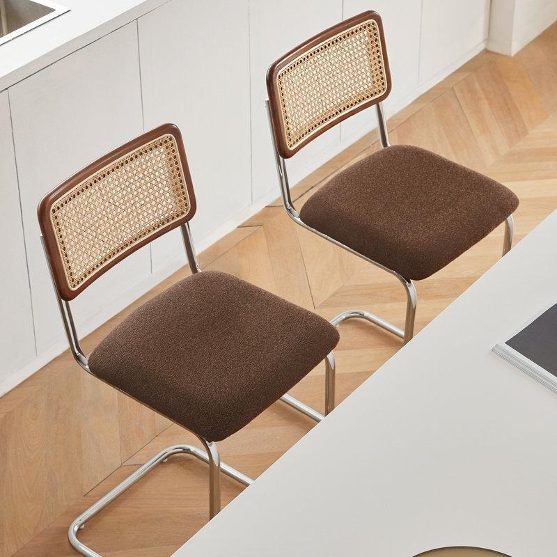Kahverengi Kumaş Döşemeli Rattan Sırtlıklı Krom Konsol Ayaklı Bar Sandalyesi 2li Set - 63 cm - 147768