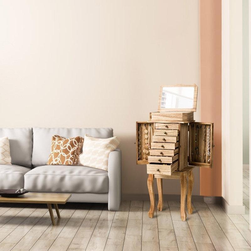 Kahverengi Masif Ahşap 7 Çekmeceli Aynalı Ayaklı Takı Dolabı - 90x35 cm - 145377