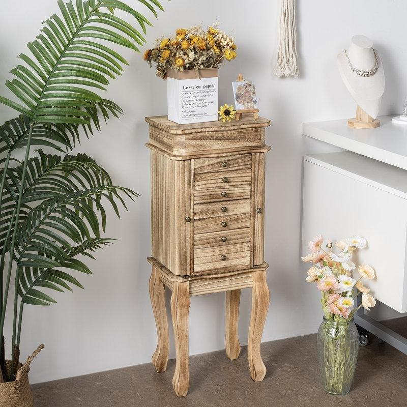 Kahverengi Masif Ahşap 7 Çekmeceli Aynalı Ayaklı Takı Dolabı - 90x35 cm - 145377