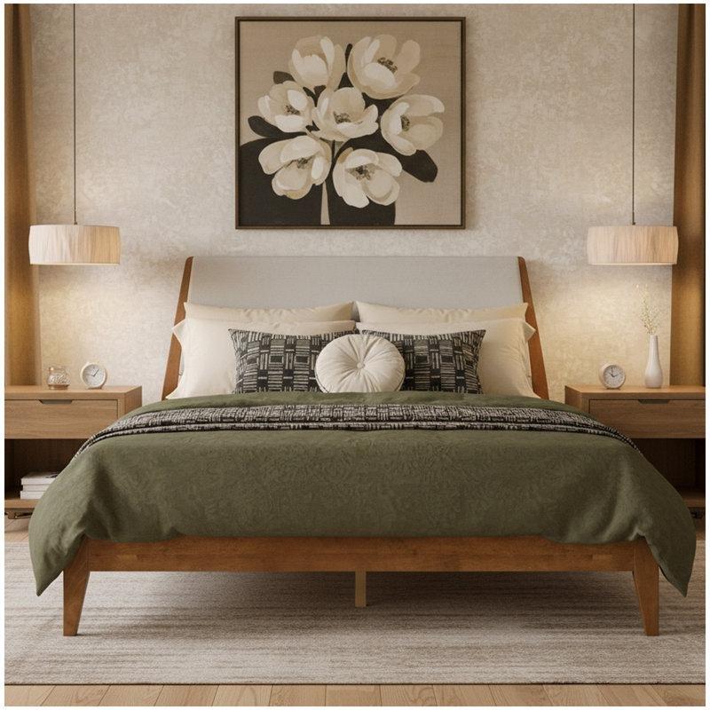 Kahverengi Masif Ahşap Bej Kumaş Döşemeli Konik Ayaklı Karyola - 143416