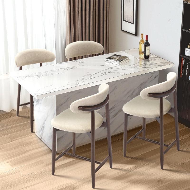 Kahverengi Masif Ahşap Kavisli Sırtlı Keten Döşemeli Bar Sandalyesi - 64 cm - 147822