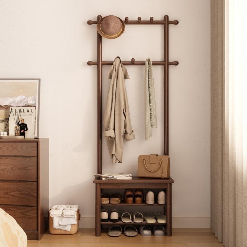 Kahverengi Masif Ahşap Oturaklı 11 Askılı Ayakkabılıklı Portmanto Vestiyer - 112x170 cm - 159637