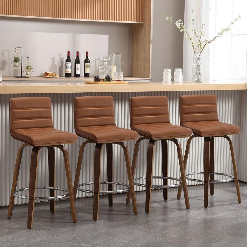 Kahverengi Masif Ahşap Suni Deri Döşemeli Döner 4lü Set Retro Bar Sandalyesi - 67 cm - 148488