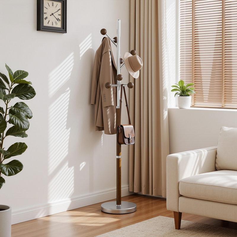 Kahverengi Masif Kauçuk Ağacı ve Paslanmaz Çelik 9 Kancalı Mermer Tabanlı Portmanto Vestiyer - 179 cm - 161437