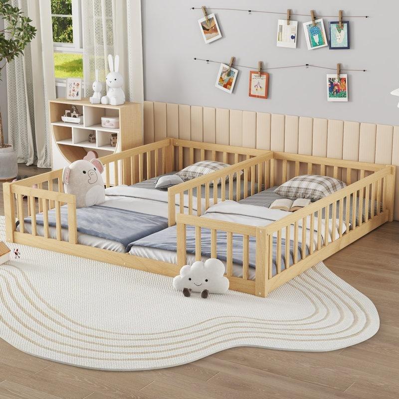 Kahverengi Masif ve Endüstriyel Ahşap Çift Bölmeli Korkuluklu Montessori Karyola - 199x208 cm - 142648