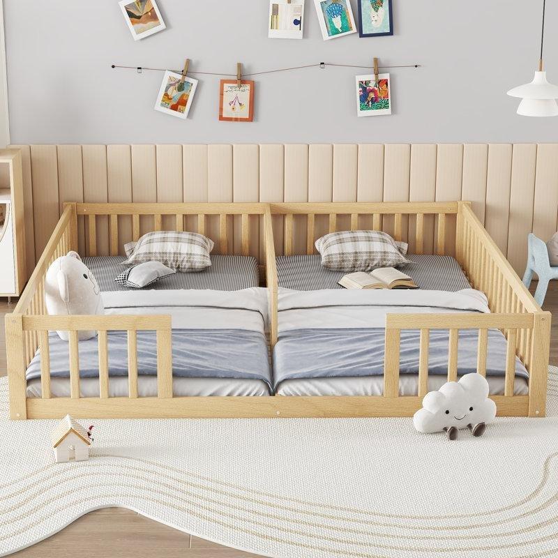 Kahverengi Masif ve Endüstriyel Ahşap Çift Bölmeli Korkuluklu Montessori Karyola - 199x208 cm - 142648