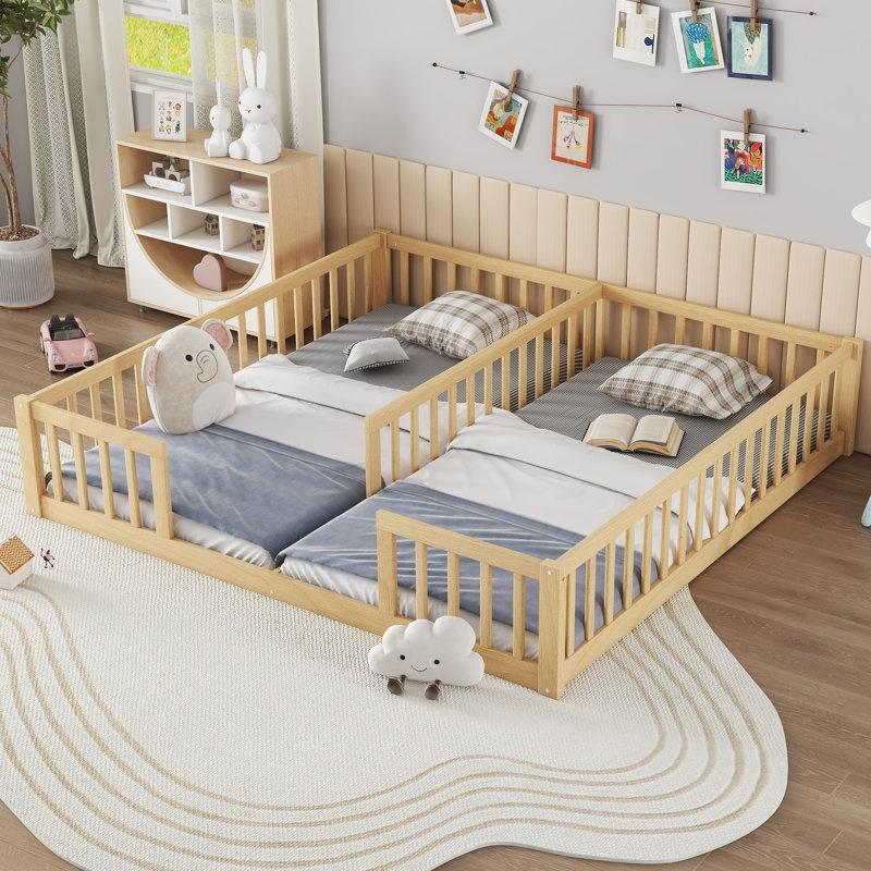 Kahverengi Masif ve Endüstriyel Ahşap Çift Bölmeli Korkuluklu Montessori Karyola - 199x208 cm - 142648