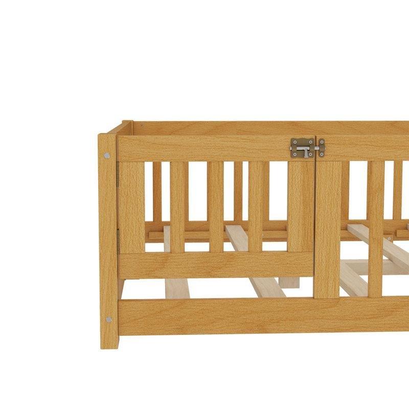 Kahverengi Masif ve Endüstriyel Ahşap Kapılı Korkuluklu Montessori Karyola - 144x197 cm - 142678