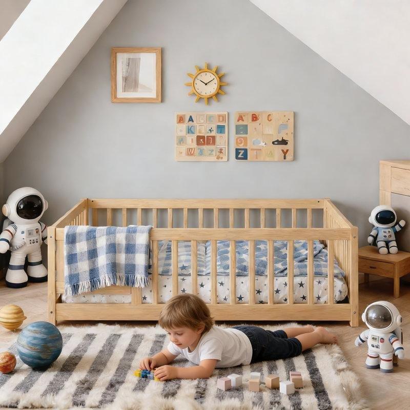 Kahverengi Masif ve Endüstriyel Ahşap Kapılı Korkuluklu Montessori Karyola - 144x197 cm - 142678