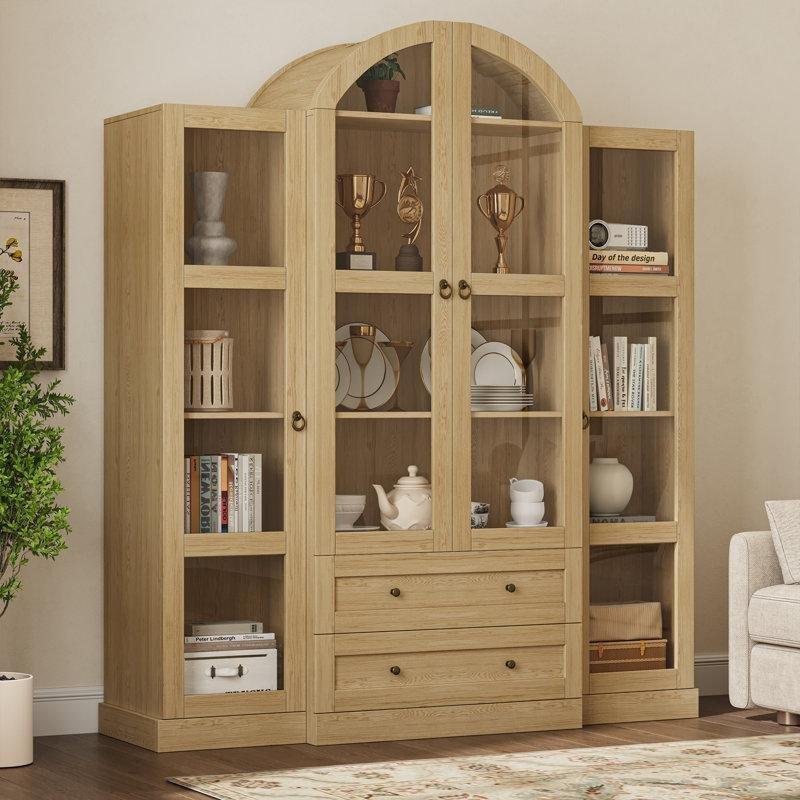Kahverengi MDF Kemerli Cam Kapaklı ve Çekmeceli Vitrin - Gümüşlük - 184x164x42 cm - 157156