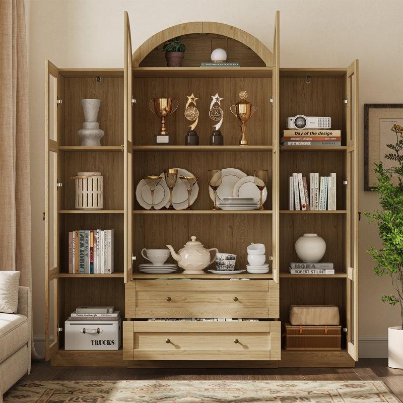 Kahverengi MDF Kemerli Cam Kapaklı ve Çekmeceli Vitrin - Gümüşlük - 184x164x42 cm - 157156