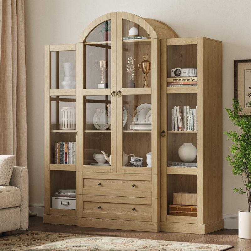 Kahverengi MDF Kemerli Cam Kapaklı ve Çekmeceli Vitrin - Gümüşlük - 184x164x42 cm - 157156