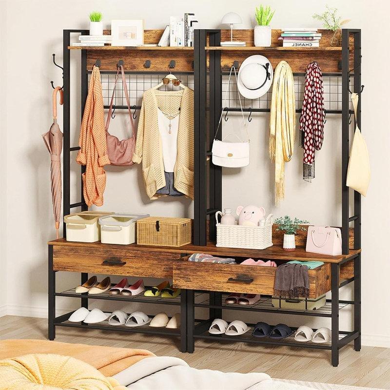 Kahverengi MDF Metal Oturaklı ve Çekmeceli Endüstriyel Portmanto Vestiyer - 81 cm - 159631