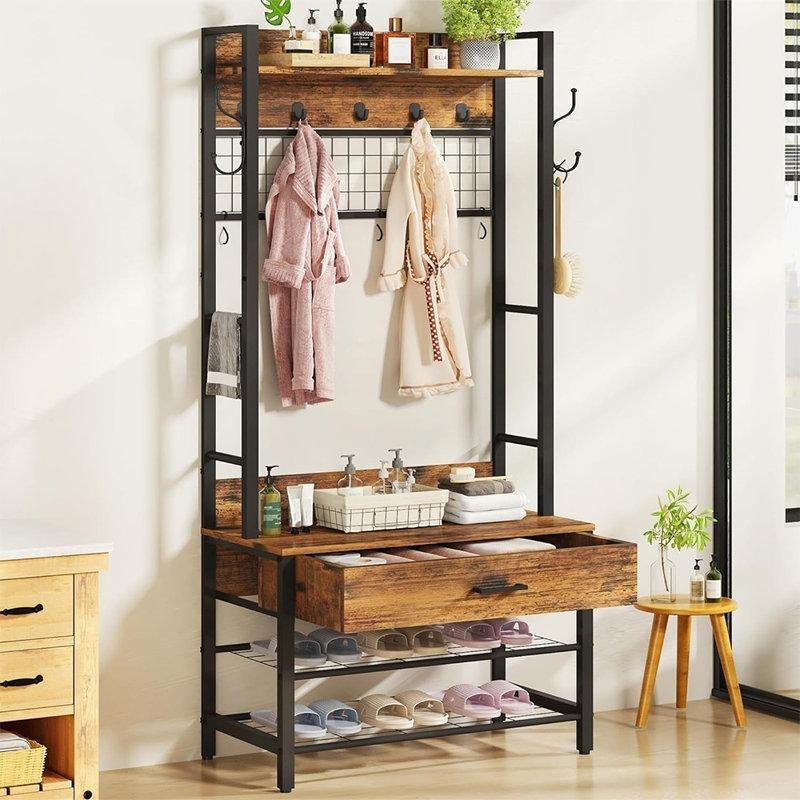 Kahverengi MDF Metal Oturaklı ve Çekmeceli Endüstriyel Portmanto Vestiyer - 81 cm - 159631