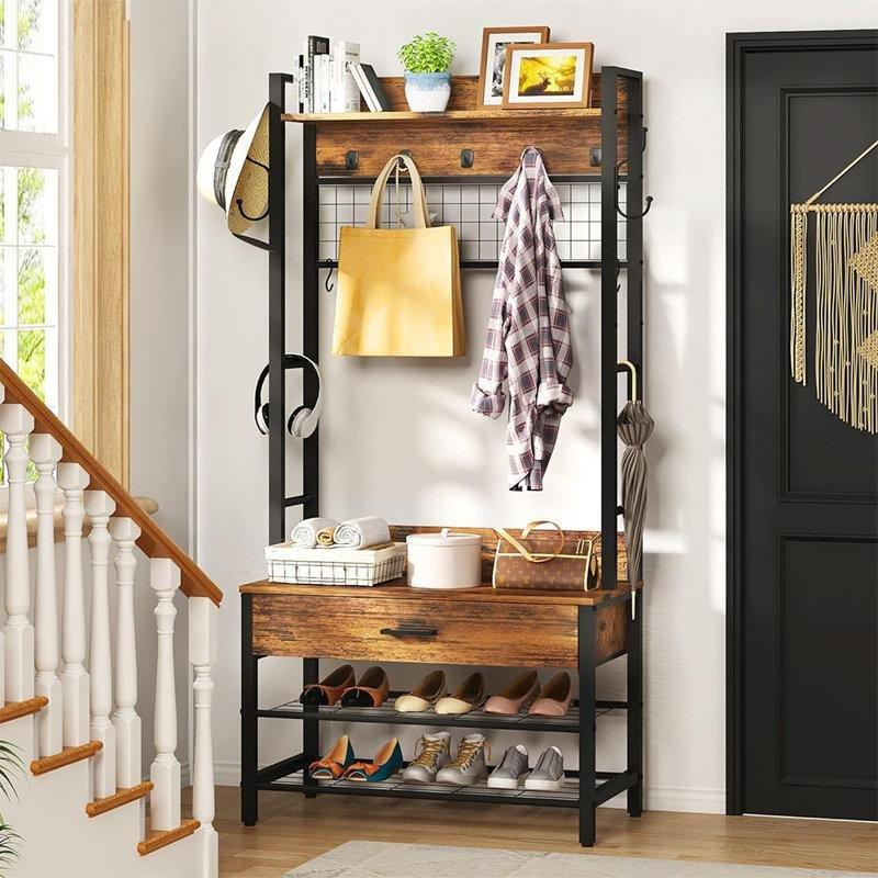 Kahverengi MDF Metal Oturaklı ve Çekmeceli Endüstriyel Portmanto Vestiyer - 81 cm - 159631