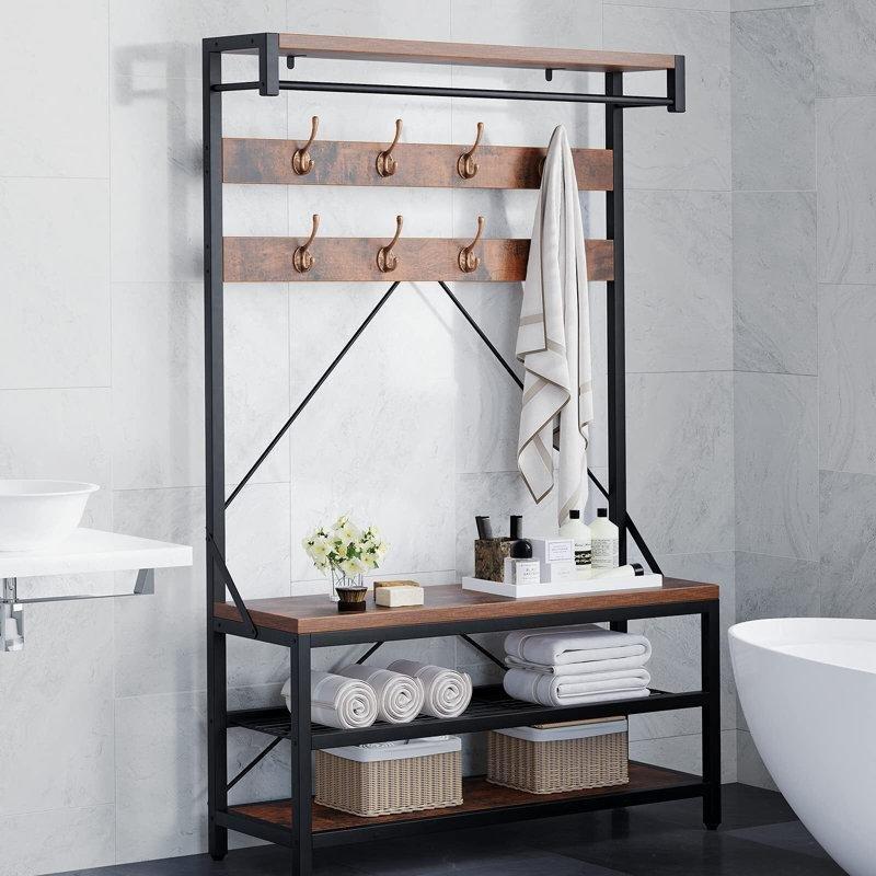 Kahverengi MDF ve Siyah Metal Oturaklı Raflı Askılı Portmanto Vestiyer - 102 cm - 159796
