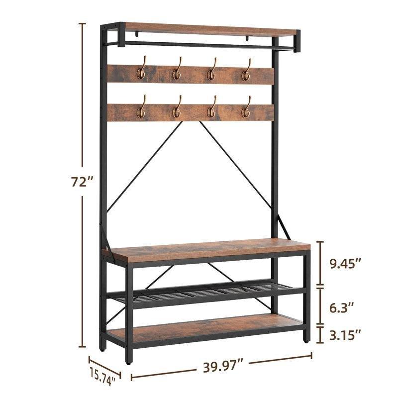 Kahverengi MDF ve Siyah Metal Oturaklı Raflı Askılı Portmanto Vestiyer - 102 cm - 159796