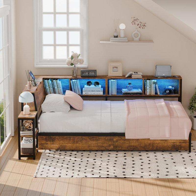 Kahverengi Metal LED Işıklı Şarj İstasyonlu Çekmeceli ve Raflı Tek Kişilik Daybed Karyola - 142861