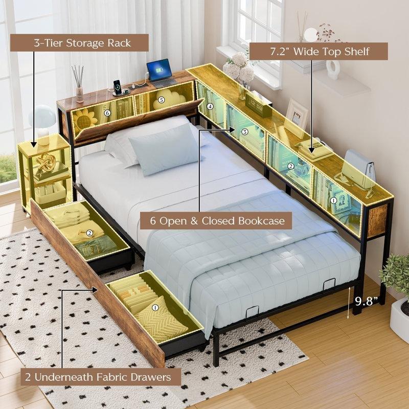 Kahverengi Metal LED Işıklı Şarj İstasyonlu Çekmeceli ve Raflı Tek Kişilik Daybed Karyola - 142861