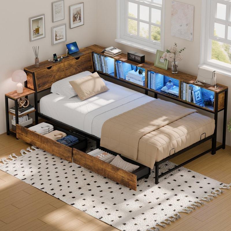Kahverengi Metal LED Işıklı Şarj İstasyonlu Çekmeceli ve Raflı Tek Kişilik Daybed Karyola - 142861