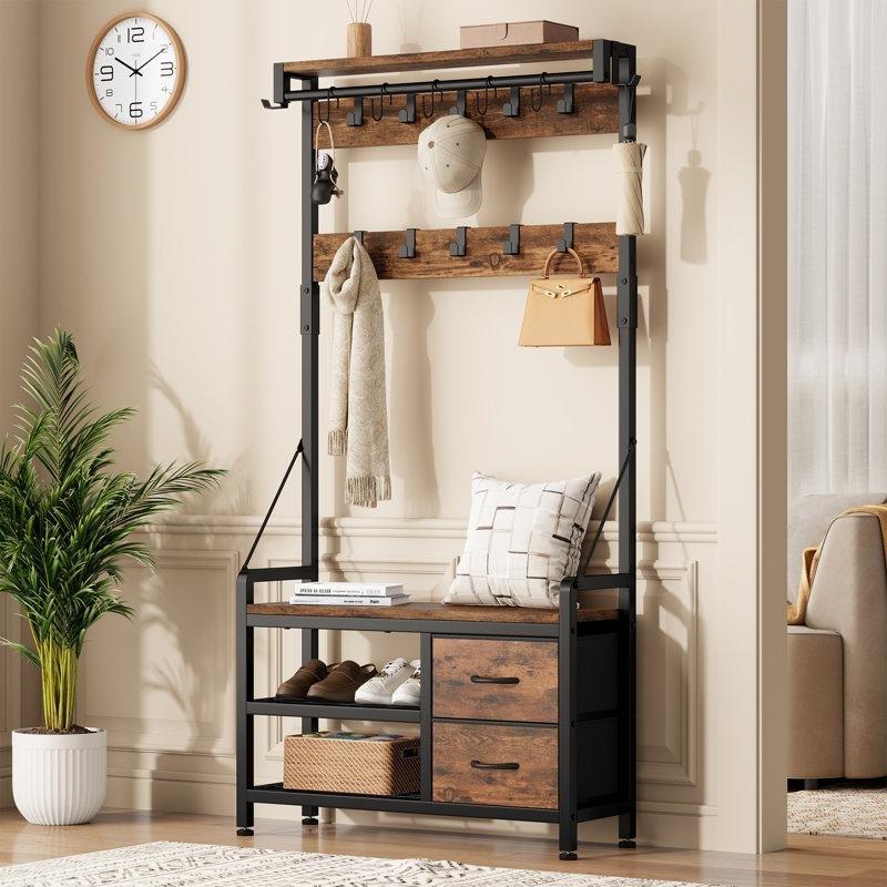 Kahverengi Metal ve Ahşap 17 Askılı Oturaklı Çekmeceli Raflı Portmanto Vestiyer - 81x30x180 cm - 159700