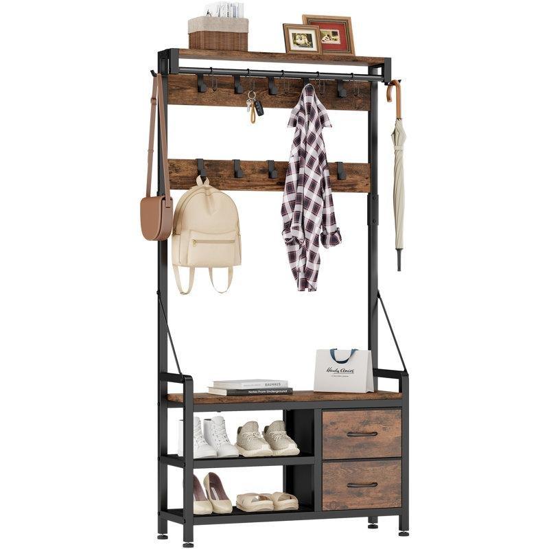 Kahverengi Metal ve Ahşap 17 Askılı Oturaklı Çekmeceli Raflı Portmanto Vestiyer - 81x30x180 cm - 159700